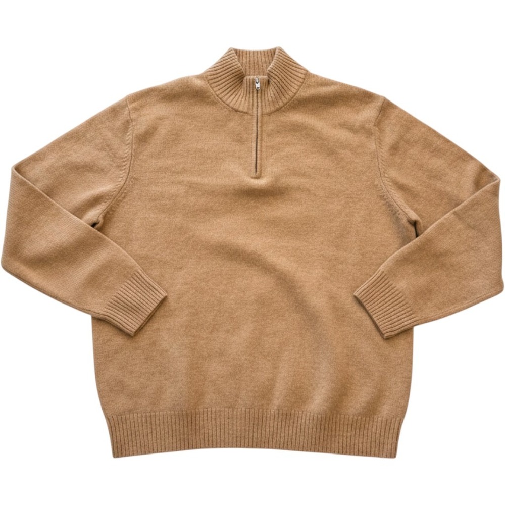 Lands End Mens Lambs Wool Cashmere 1/4 Zip Mock Neck Sweater Tan Luxury Large